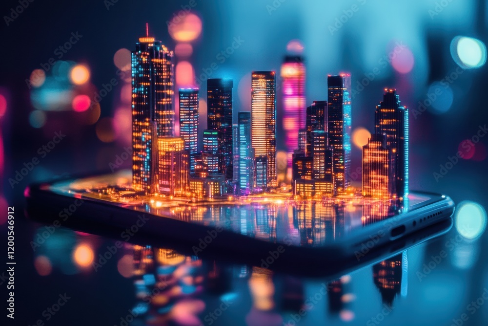 Aufkleber tiny cityscape radiating light emerges from smartphone screen, showcasing modern architecture in a v