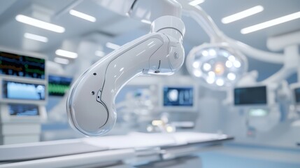 Robotic arm in modern operating room,  surrounding medical equipment in focus.