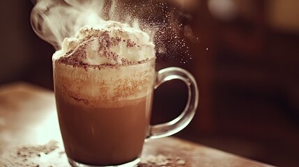 Cocoa powder artfully dusted over a cup of steaming hot chocolate.