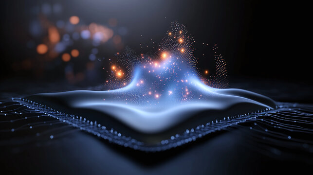 3D minimal object showcasing quantum wave function with glowing particles and smooth surface. design evokes sense of wonder and exploration in realm of quantum physics