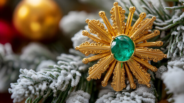 Emerald and Gold Snowflake Ornament on Snowy Christmas Tree Branch, winter, holiday, festive, jewel, jewelry - Powered by Adobe