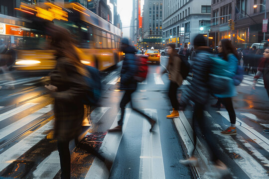 Crowds of people crossing Pedestrians on busy city street, with motion blur to emphasize the hustle and bustle. Rush hour. - Powered by Adobe