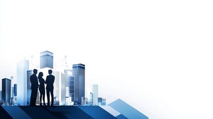Business team standing in front of a modern city skyline, suggestive of collaboration and urban development.
