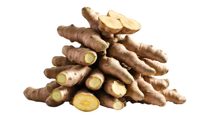 Fototapeta premium Ginger roots stacked on one another, creating a balanced pile on a white background.
