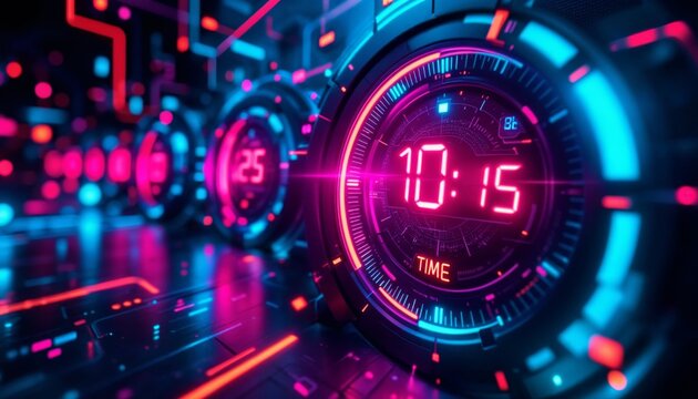 Futuristic digital clock with neon lights. Concept of time, technology, and innovation.