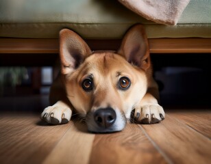 ソファの下からひょっこり顔を出す遊び好きな犬
