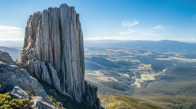 Mountain Climbers ascend a tall rock face with vast landscape views in the background and blue skies