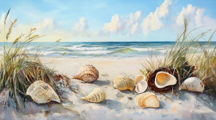 artistic beach scene painting with seashells, starfish, sandy shore, blue ocean waves, and serene sky in vibrant watercolor style.