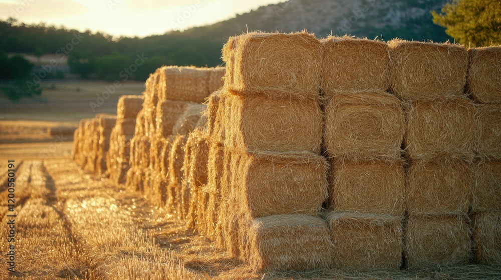 Poster Bales of hay stacked in a farm field during sunset with a mountainous backdrop and golden light. Generative AI