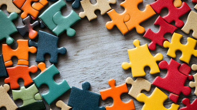 Colorful Jigsaw Puzzle Pieces Forming a Frame on Wooden Background, border, texture, grey, gray, blank