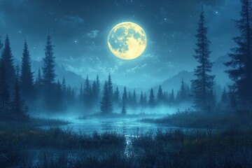 A serene night scene featuring a full moon illuminating a misty forest landscape.