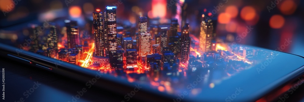 Poster tiny cityscape emerges from glowing smartphone screen at night with dazzling colors and intricate de