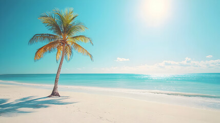 Fototapeta premium Lone Palm Tree on Tropical Beach, ocean, sea, sand, summer, vacation