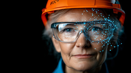 Visionary Engineer: A close-up portrait of a seasoned female engineer, wearing safety glasses and a hard hat, with a futuristic augmented reality overlay showcasing interconnected data points.