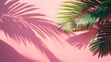 Pink Wall with Palm Leaf Shadows and Tropical Plants, palm leaves, tropical leaves, sunlight, summer, vacation