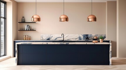 A sophisticated kitchen with navy blue cabinetry, marbled quartz countertops, and copper pendant lights