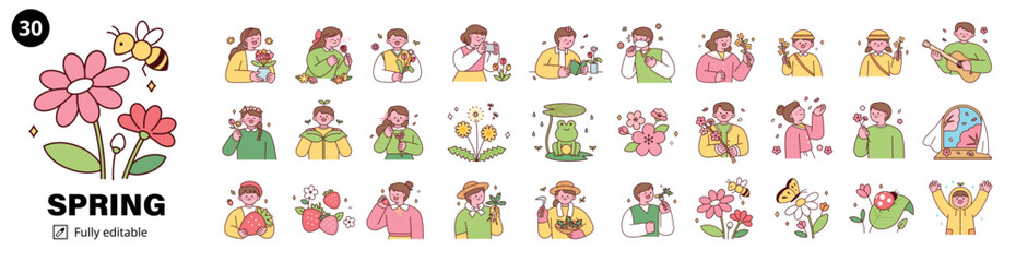 Various symbols of the spring season. Flowers, insects, animals, cherry blossoms, and happy people. mega set.