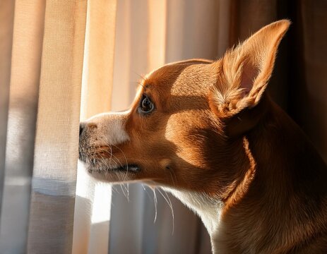 カーテンの隙間から顔をのぞかせる犬