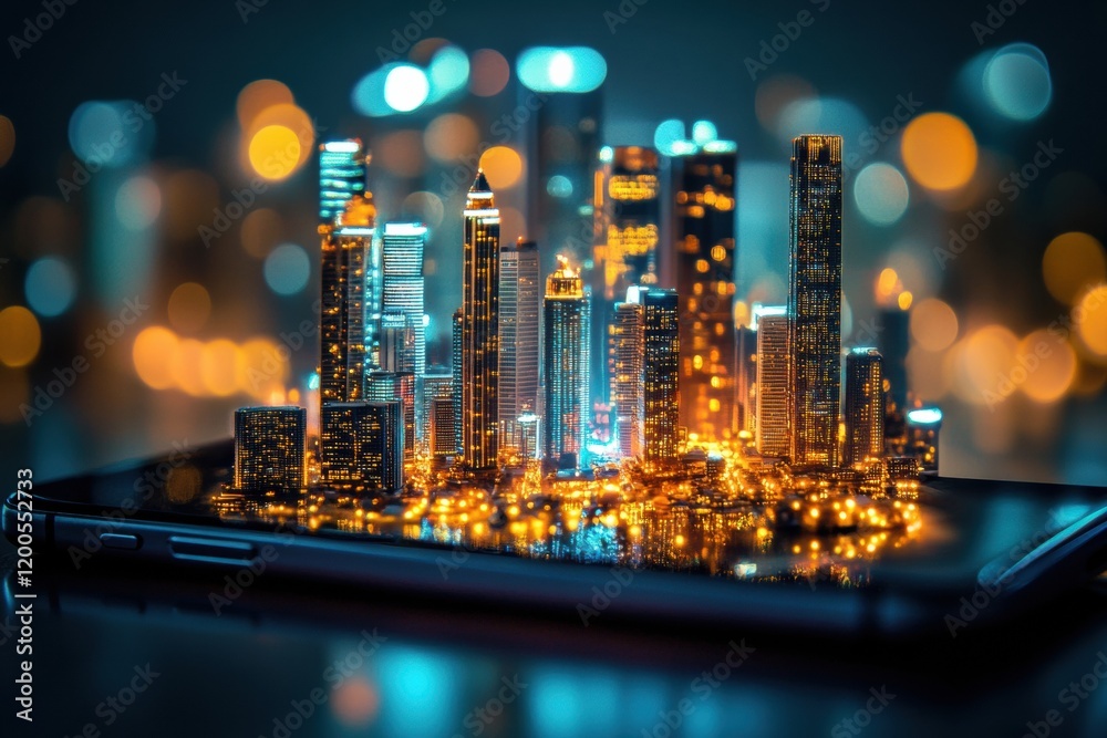 Aufkleber tiny cityscape emerges from glowing smartphone screen in a vibrant urban environment at night. gener