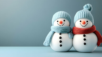 Two Cute Snowmen in Knitted Hats and Scarves, snowman, winter, christmas, holiday, festive