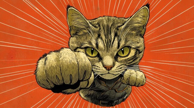 Fierce Cat Punching through Bright Background with Dynamic Lines