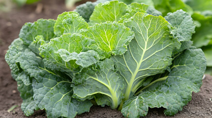 Naklejka premium Fresh Green Savoy Cabbage in the Garden, green cabbage, fresh cabbage, vegetable, farm, agriculture