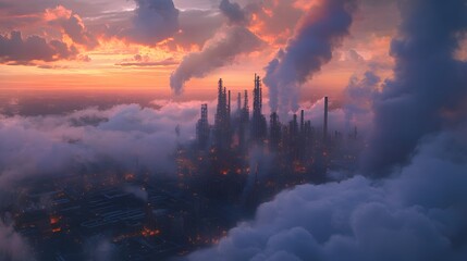 Fototapeta premium Industrial City Above the Clouds at Sunset