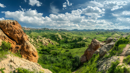Obraz premium Panoramic View of Rolling Hills and Red Rock Formations Under a Blue Sky, landscape, mountains, red rocks, clouds, sunny