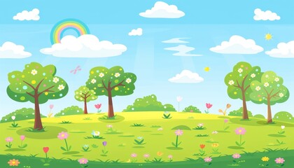 A bright, sunny day in a green grassy field with blossoming trees, flowers, butterflies, and a rainbow in the blue sky.