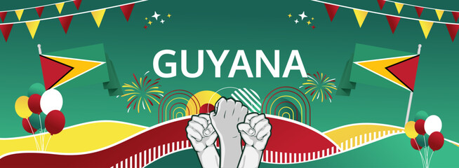 Guyana Independence Day modern greeting banner. 26 May Happy Guyana National Day. Holiday abstract concept in flag colors. Great for event like carnival, feast poster, support, culture and tourism