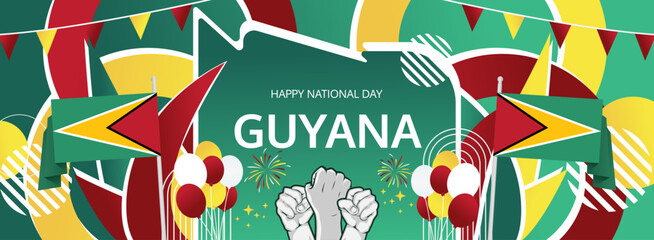 Guyana Independence Day modern greeting banner. 26 May Happy Guyana National Day. Holiday abstract concept in flag colors. Great for event like carnival, feast poster, support, culture and tourism