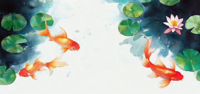 Goldfish and Water Lily Pads Summer Background Watercolor Illustration