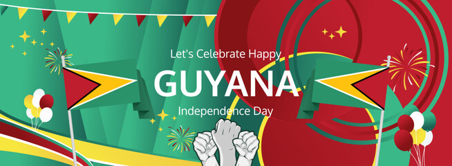 Guyana Independence Day modern greeting banner. 26 May Happy Guyana National Day. Holiday abstract concept in flag colors. Great for event like carnival, feast poster, support, culture and tourism