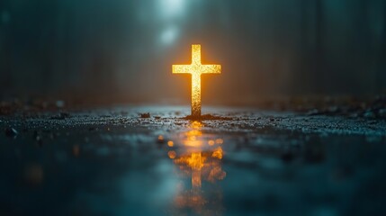 Symbol of Faith Standing Resiliently in the Rain with Dramatic Clouds Casting a Melancholic Mood