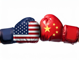 American and Chinese hands with boxing gloves hit against white background symbolizing tensions between countries