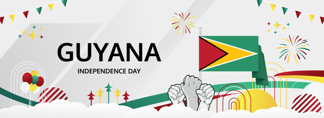 Guyana Independence Day modern greeting banner. 26 May Happy Guyana National Day. Holiday abstract concept in flag colors. Great for event like carnival, feast poster, support, culture and tourism