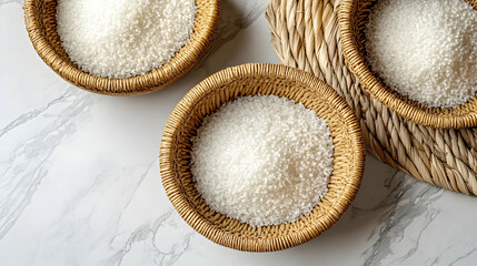 Three Bowls of White Rice in Woven Baskets on Marble, grain, cereal, food, cooking, ingredient