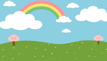 Obraz premium A cartoon illustration of a rainbow over a green field with two trees and white clouds in a blue sky.