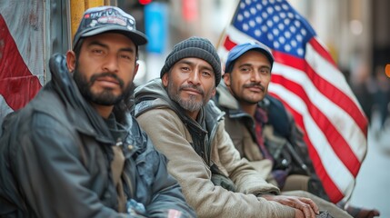 Fototapeta premium Latino men sit near a us flag. A group of poorly dressed men.