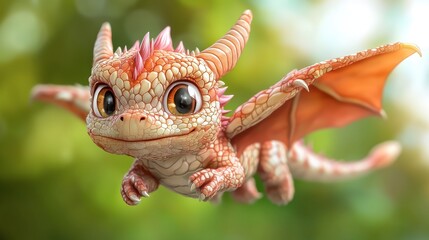 Fototapeta premium Cute Fantasy Dragon Creature Flying in a Green Blurred Background