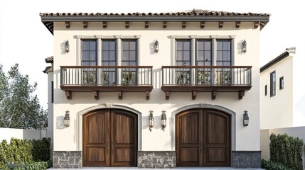 Obraz premium A Spanish-style two-story home with cream stucco walls, dark gray stone accents, and wooden balcony railings