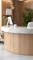 Modern, minimalist reception desk in a spa or clinic.  Clean lines, natural wood and marble accents, and a comfortable waiting area.