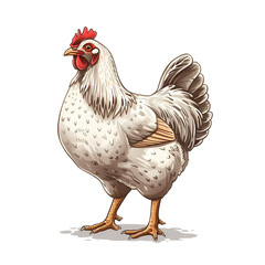 A plump hen, speckled white feathers, stands proudly.