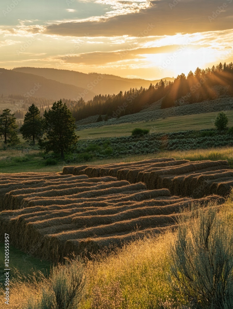 Poster beautiful sunset over hay bales in a rural landscape with rolling hills and trees in the background.