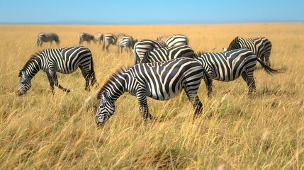 Fototapeta premium Zebras grazing in African savanna