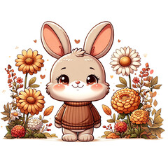 A cute rabbit character wearing a sweater, surrounded by colorful flowers, exuding a cheerful and whimsical vibe.