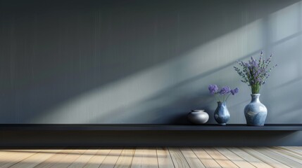 Obraz premium A modern interior with a dark olive wall, light maple floors