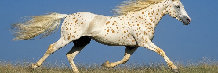 Obraz premium Spotted horse galloping across field, clear sky. Equestrian photography