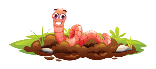 Smiling worm on soil surrounded by grass and small rocks. Vector cartoon illustration