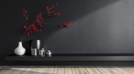 A modern interior with a matte black wall, light pine floors